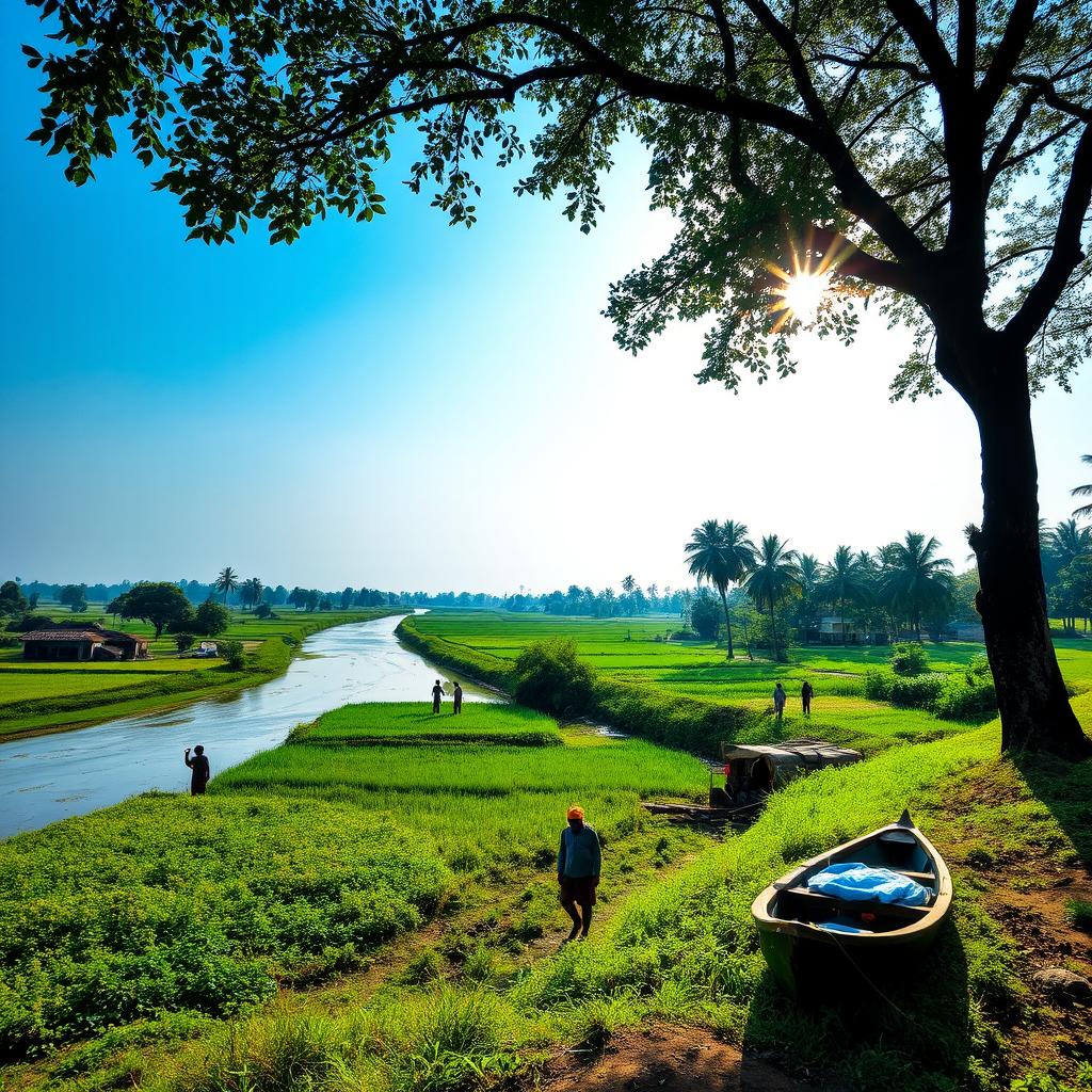 A picturesque landscape of Gafargaon, showcasing its natural beauty with lush green fields, traditional Bengali homes, and a serene river flowing through