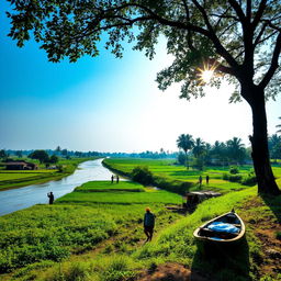 A picturesque landscape of Gafargaon, showcasing its natural beauty with lush green fields, traditional Bengali homes, and a serene river flowing through