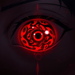 An artistic representation of a person's eye transformed into a Sharingan eye from anime, exhibiting the iconic red color with intricate black designs swirling around the pupil