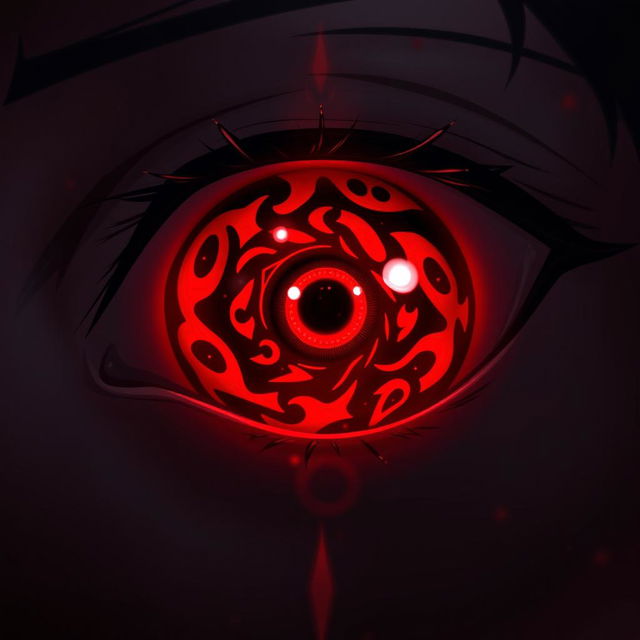 An artistic representation of a person's eye transformed into a Sharingan eye from anime, exhibiting the iconic red color with intricate black designs swirling around the pupil