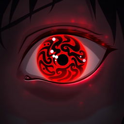 An artistic representation of a person's eye transformed into a Sharingan eye from anime, exhibiting the iconic red color with intricate black designs swirling around the pupil