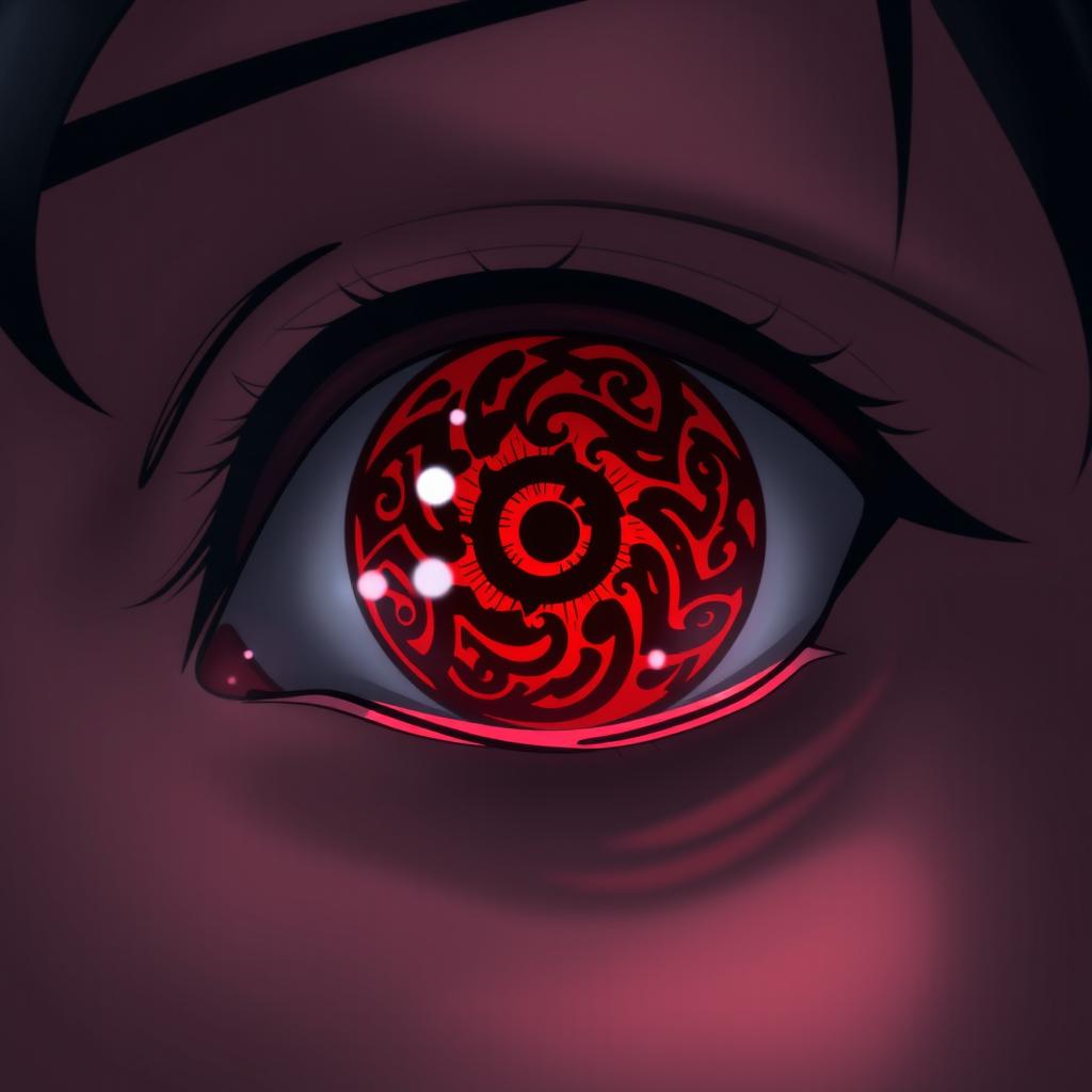 An artistic representation of a person's eye transformed into a Sharingan eye from anime, exhibiting the iconic red color with intricate black designs swirling around the pupil