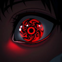 An artistic representation of a person's eye transformed into a Sharingan eye from anime, exhibiting the iconic red color with intricate black designs swirling around the pupil