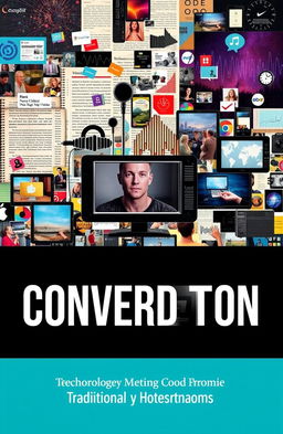 A visual representation of technological convergence showcasing the integration of media forms: a collage featuring elements like text, images, audio waveforms, and video clips blending together seamlessly