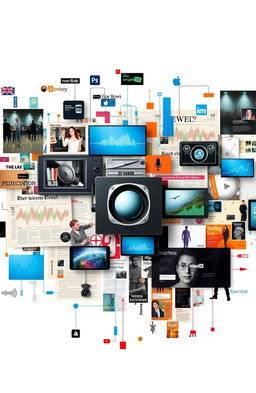 A visual representation of technological convergence showcasing the integration of media forms: a collage featuring elements like text, images, audio waveforms, and video clips blending together seamlessly