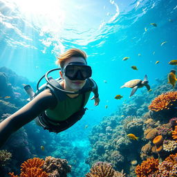 A stunning, scenic underwater landscape depicting vibrant coral reefs teeming with diverse marine life including colorful fish and sea turtles