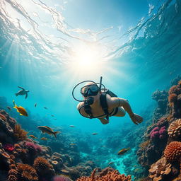 A stunning, scenic underwater landscape depicting vibrant coral reefs teeming with diverse marine life including colorful fish and sea turtles