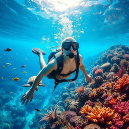 A stunning, scenic underwater landscape depicting vibrant coral reefs teeming with diverse marine life including colorful fish and sea turtles