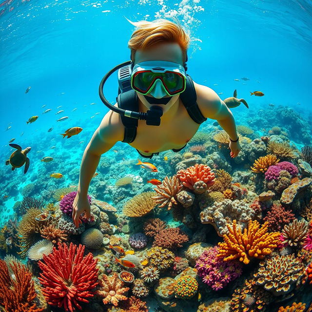 A stunning, scenic underwater landscape depicting vibrant coral reefs teeming with diverse marine life including colorful fish and sea turtles