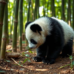 A small, adorable panda with shiny black and white fur, exploring a lush bamboo forest