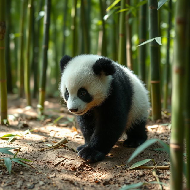 A small, adorable panda with shiny black and white fur, exploring a lush bamboo forest