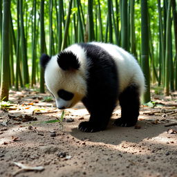 A small, adorable panda with shiny black and white fur, exploring a lush bamboo forest