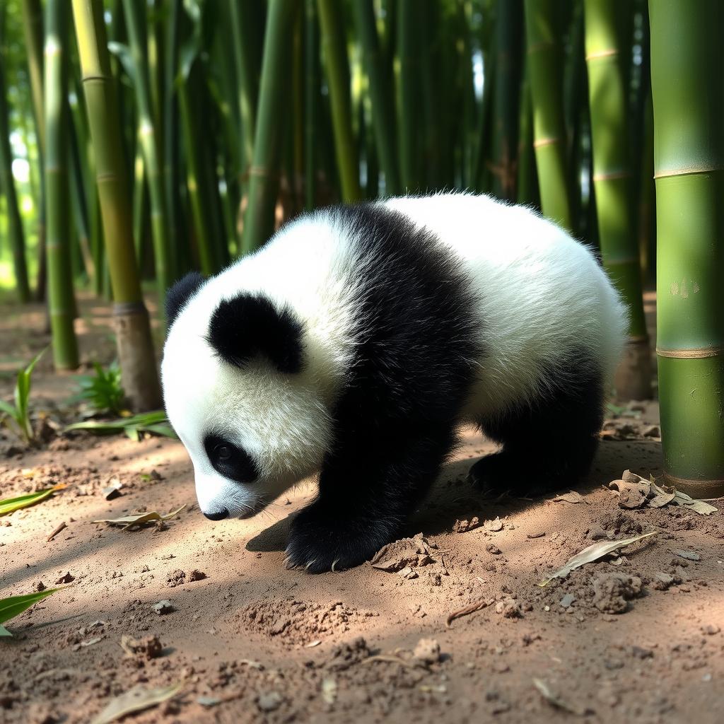 A small, adorable panda with shiny black and white fur, exploring a lush bamboo forest