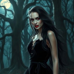 A stunning, beautiful vampire with sharp fangs and long flowing dark hair, standing in a moonlit forest