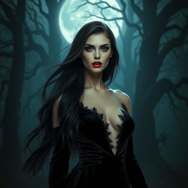 A stunning, beautiful vampire with sharp fangs and long flowing dark hair, standing in a moonlit forest