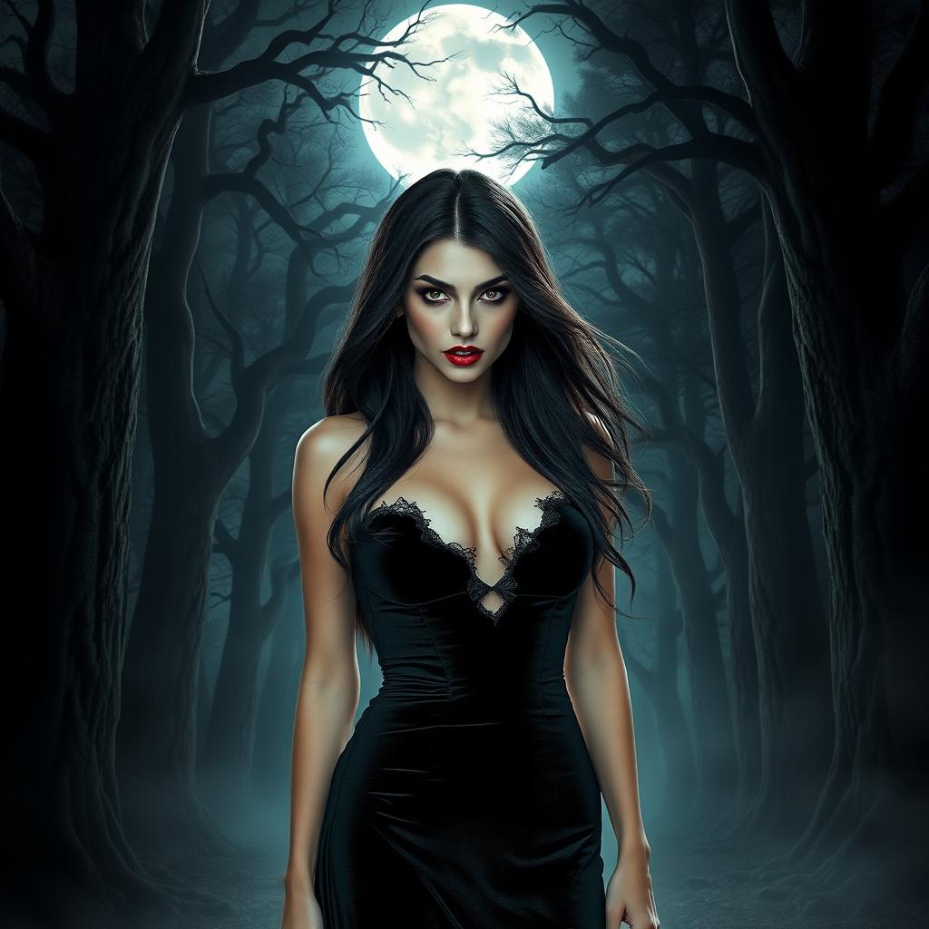 A stunning, beautiful vampire with sharp fangs and long flowing dark hair, standing in a moonlit forest