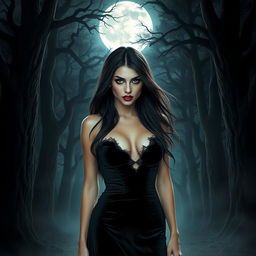 A stunning, beautiful vampire with sharp fangs and long flowing dark hair, standing in a moonlit forest