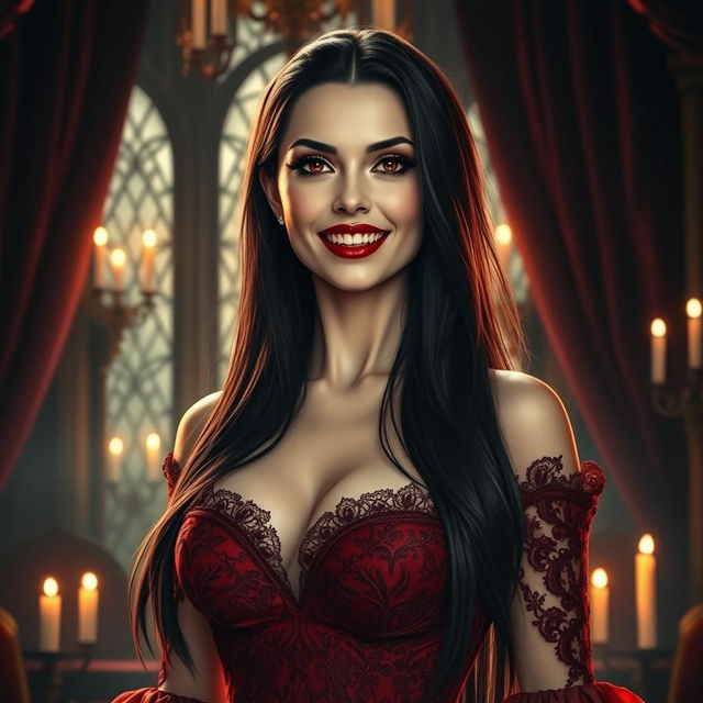 An enchanting but sinister vampire with an alluring smile, showcasing sharp fangs and deep crimson eyes