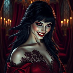 An enchanting but sinister vampire with an alluring smile, showcasing sharp fangs and deep crimson eyes