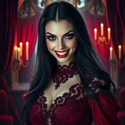 An enchanting but sinister vampire with an alluring smile, showcasing sharp fangs and deep crimson eyes