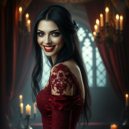 An enchanting but sinister vampire with an alluring smile, showcasing sharp fangs and deep crimson eyes