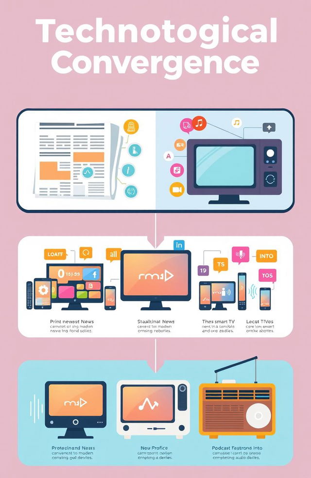 A visually engaging infographic illustrating the theme of "Technological Convergence" in media