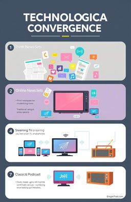 A visually engaging infographic illustrating the theme of "Technological Convergence" in media