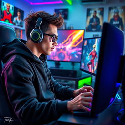 A dynamic scene depicting a stylish gamer known as Takno, immersed in intense gameplay