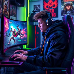 A dynamic scene depicting a stylish gamer known as Takno, immersed in intense gameplay