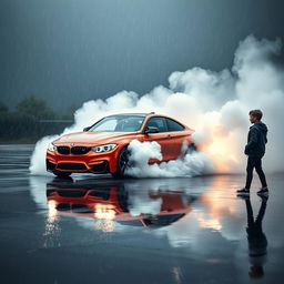 A BMW M4 performing a dramatic burnout in the rain, tire smoke billowing and water splashing on the pavement