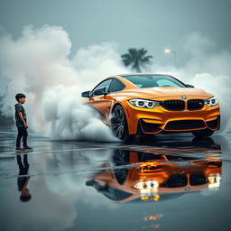 A BMW M4 performing a dramatic burnout in the rain, tire smoke billowing and water splashing on the pavement