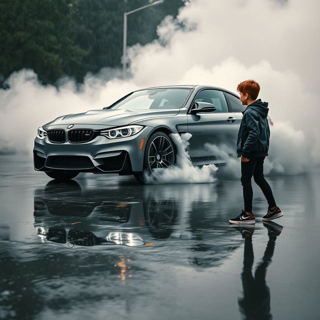 A BMW M4 performing a dramatic burnout in the rain, tire smoke billowing and water splashing on the pavement