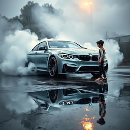 A BMW M4 performing a dramatic burnout in the rain, tire smoke billowing and water splashing on the pavement