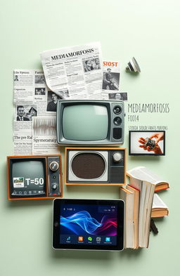 A visually striking collage representing the theme of media transformation, titled 'MEDIAMORFOSIS'