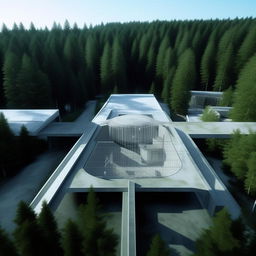 front view of exterior perimeter and gate of futuristic maximum-security penitentiary' in the middle of forest in broad daylight based on https://files.dreamhome.software/files/static/37174