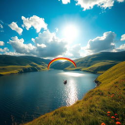 A stunning scene of a paraglider gracefully landing on a serene lake surrounded by rolling hills