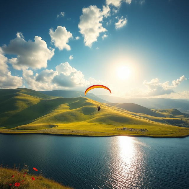 A stunning scene of a paraglider gracefully landing on a serene lake surrounded by rolling hills