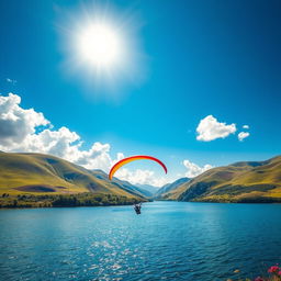 A stunning scene of a paraglider gracefully landing on a serene lake surrounded by rolling hills
