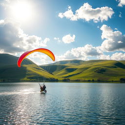 A stunning scene of a paraglider gracefully landing on a serene lake surrounded by rolling hills