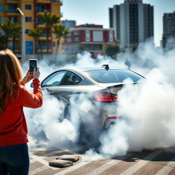 A powerful BMW M4 in a smoky drift, showcasing its impressive tire burnout capabilities