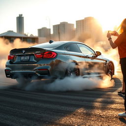 A powerful BMW M4 in a smoky drift, showcasing its impressive tire burnout capabilities