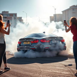 A powerful BMW M4 in a smoky drift, showcasing its impressive tire burnout capabilities