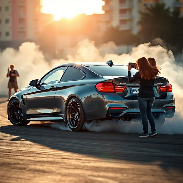 A powerful BMW M4 in a smoky drift, showcasing its impressive tire burnout capabilities