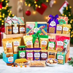 A beautifully arranged collection of festive hampers for Christmas and New Year celebrations, featuring homemade delicacies such as pickles, papads, badis, namkeen, and sweets