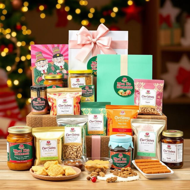 A beautifully arranged collection of festive hampers for Christmas and New Year celebrations, featuring homemade delicacies such as pickles, papads, badis, namkeen, and sweets