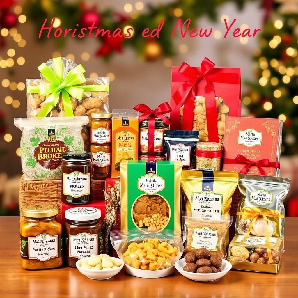 A beautifully arranged collection of festive hampers for Christmas and New Year celebrations, featuring homemade delicacies such as pickles, papads, badis, namkeen, and sweets