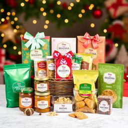 A beautifully arranged collection of festive hampers for Christmas and New Year celebrations, featuring homemade delicacies such as pickles, papads, badis, namkeen, and sweets
