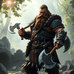 A powerful dwarven fighter stands confidently in a fantasy setting, wielding two intricately designed axes, one in each hand