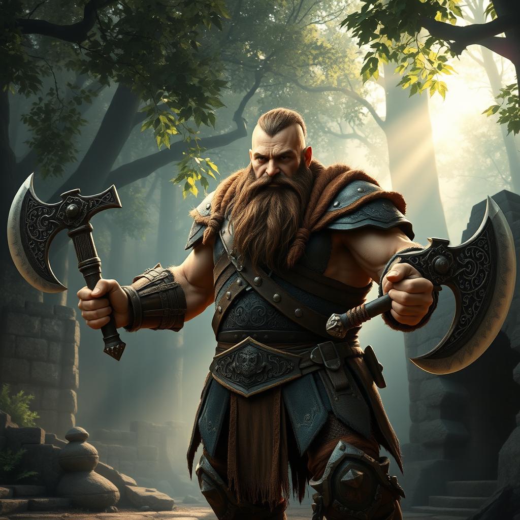 A powerful dwarven fighter stands confidently in a fantasy setting, wielding two intricately designed axes, one in each hand