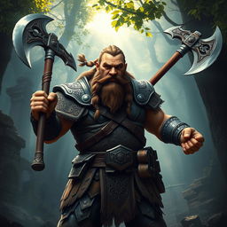 A powerful dwarven fighter stands confidently in a fantasy setting, wielding two intricately designed axes, one in each hand